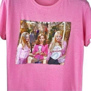MEAN GIRLS Women's Pink Semi Cropped Crew Neck T-shirt w Movie Scene Graphic L